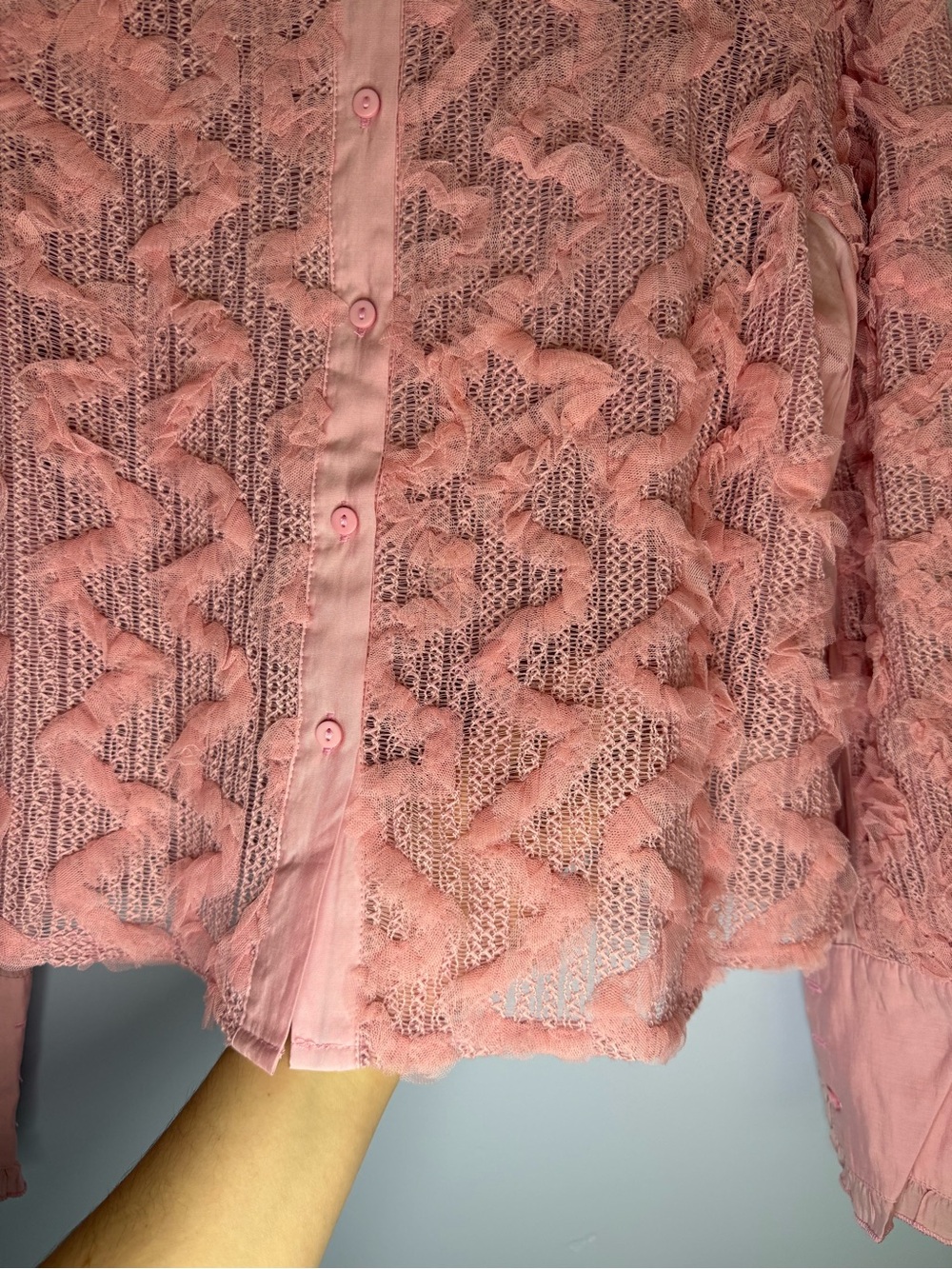 Pink Textured Ruffle Button-Front Blouse - Picture 4 of 7